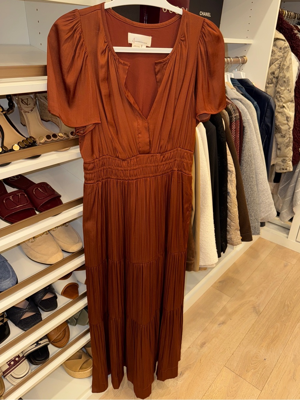 Anthropologie SOMERSET Chocolate Brown Tiered Midi Dress - Picture 5 of 6